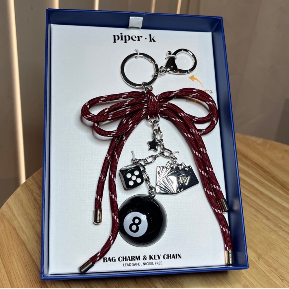 Piper-k Bag 8 Ball Charm KeyChain with Red Rope Billard Key Chain Bag Charm